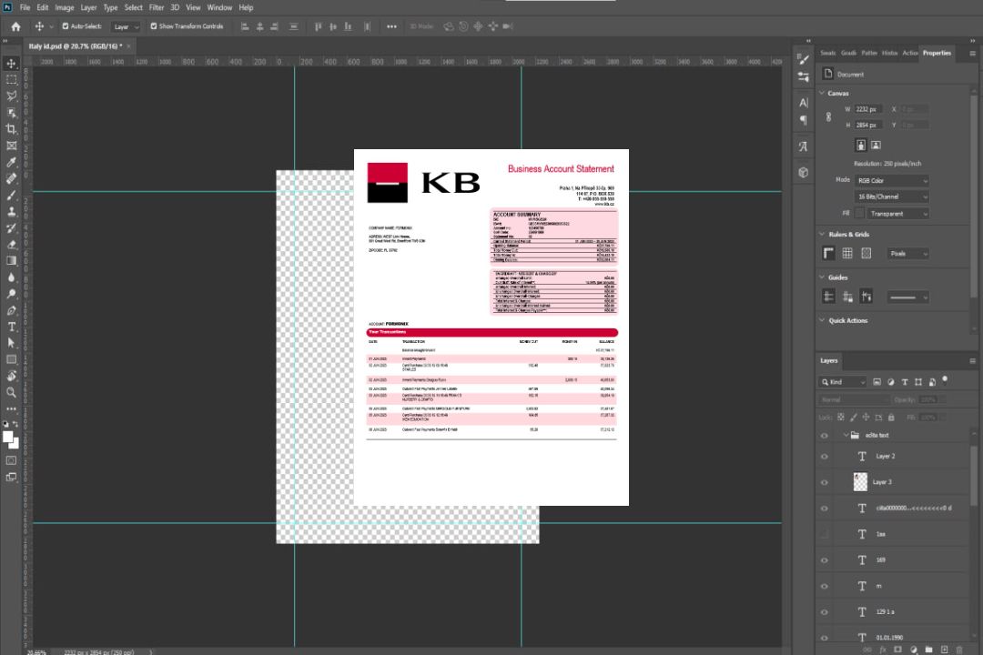 Modèle Word et PDF de relevé de compte courant d'entreprise Komercní banka template